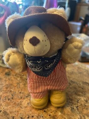 Plush Teddy Bear in Brown Hat with Blue Bandana and Yellow Boots
